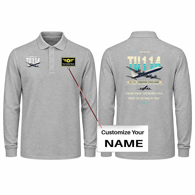 Tupolev Tu-114 Premium Polo T-Shirts - Original + Name - Long Sleeve - Gray