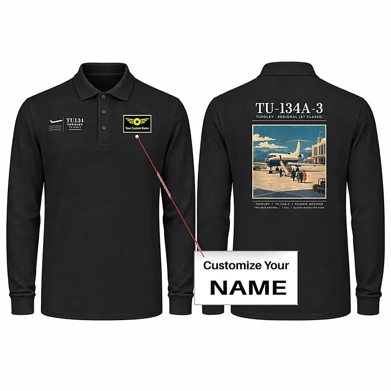 Tupolev Tu-134A-3 Premium Polo T-Shirts - Poster + Name - Long Sleeve - Black