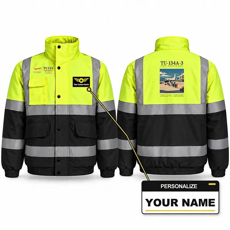 Tupolev Tu-134A-3 Reflective Winter Jackets - Poster + Name - Fluorescent Yellow & Navy