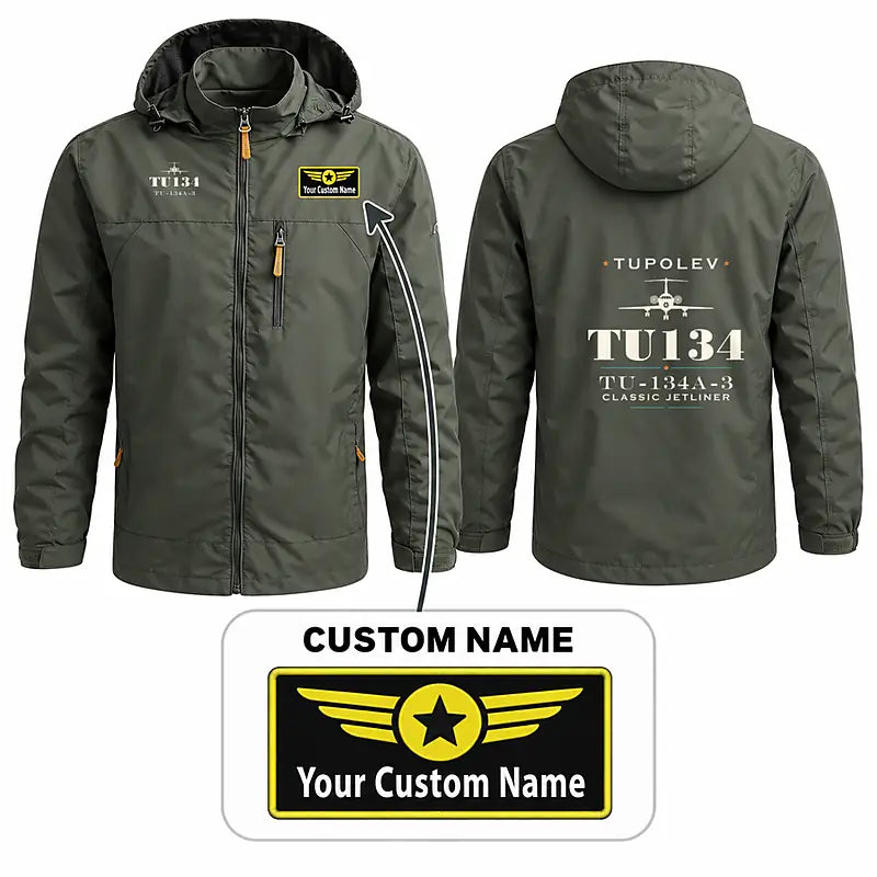Tupolev Tu-134A-3 Stylish Jackets - Hooded Windbreaker - Heritage + Name - Olive Green