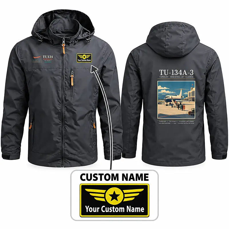 Tupolev Tu-134A-3 Stylish Jackets - Hooded Windbreaker - Poster + Name - Charcoal