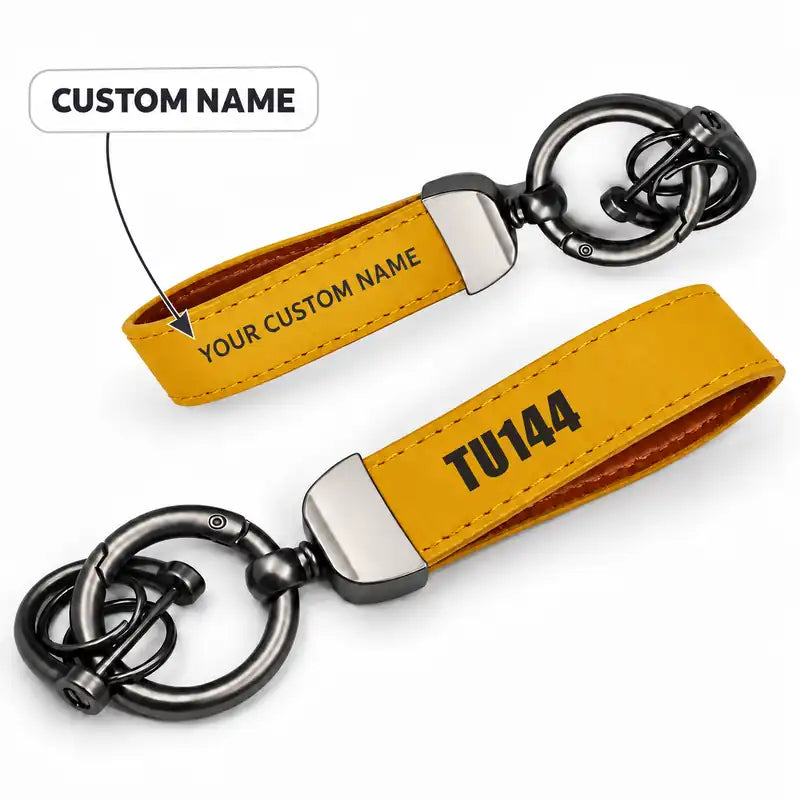 Tupolev Tu-144 - Leather Key Chain - Horseshoe Buckle - Tag - Yellow + Name