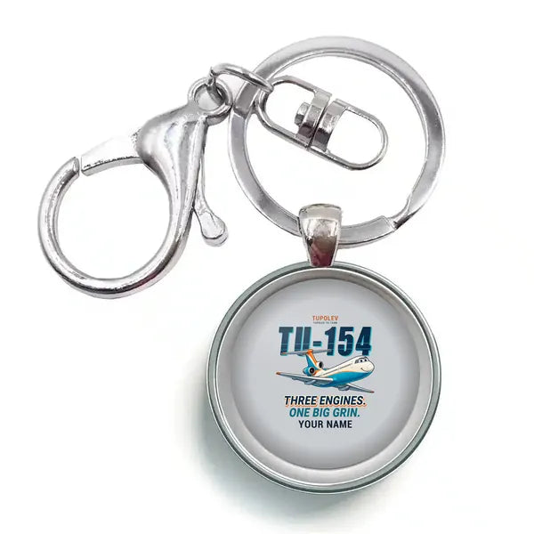 Tupolev Tu-154M - Cartoon + Name - Circle Key Chain - Light Gray