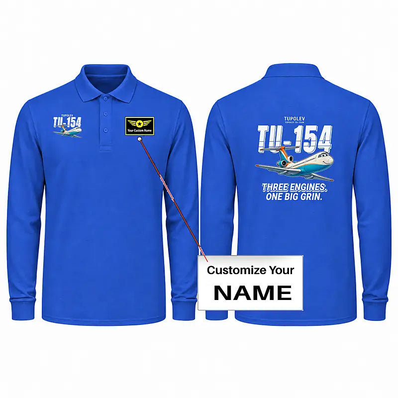 Tupolev Tu-154M Premium Polo T-Shirts - Cartoon + Name - Long Sleeve - Blue