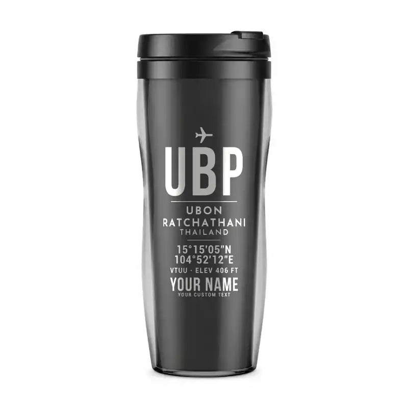 Ubon Ratchathani Airport (UBP) Travel Mugs - ID Tag + Name - Plastic (No Holder) - Gray