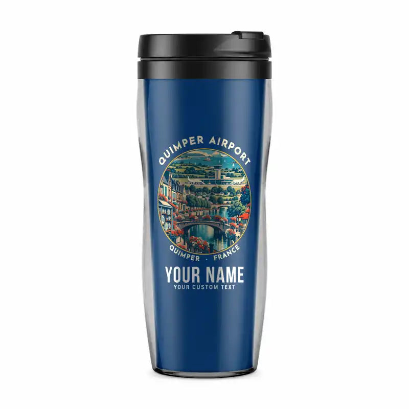 Quimper–Cornouaille Airport (UIP) Travel Mugs - Badge + Name - Plastic (No Holder) - Blue