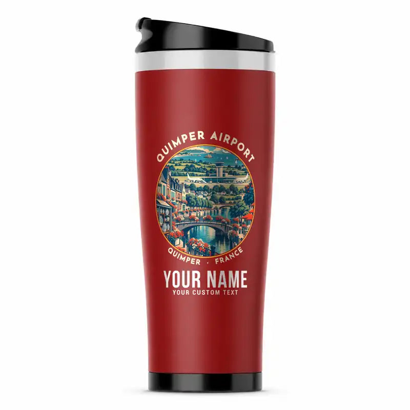 Quimper–Cornouaille Airport (UIP) Travel Mugs - Badge + Name - Stainless Steel (No Holder) - Red