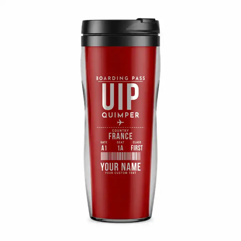 Quimper–Cornouaille Airport (UIP) Travel Mugs - Boarding Pass + Name - Plastic (No Holder) - Red