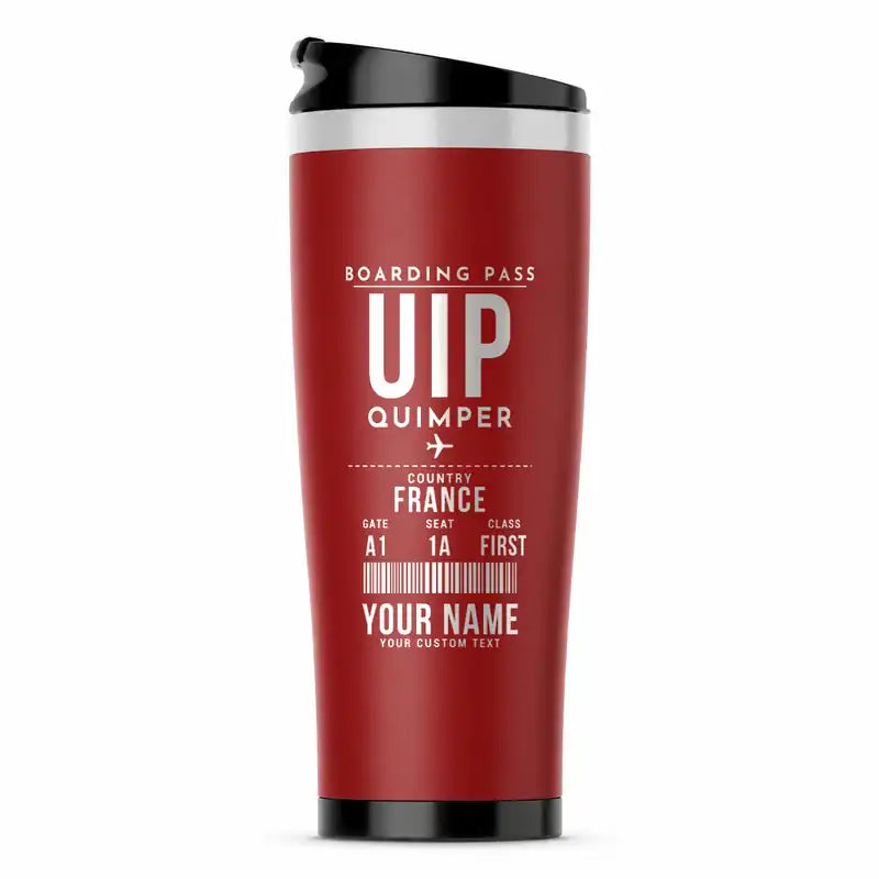 Quimper–Cornouaille Airport (UIP) Travel Mugs - Boarding Pass + Name - Stainless Steel (No Holder) - Red