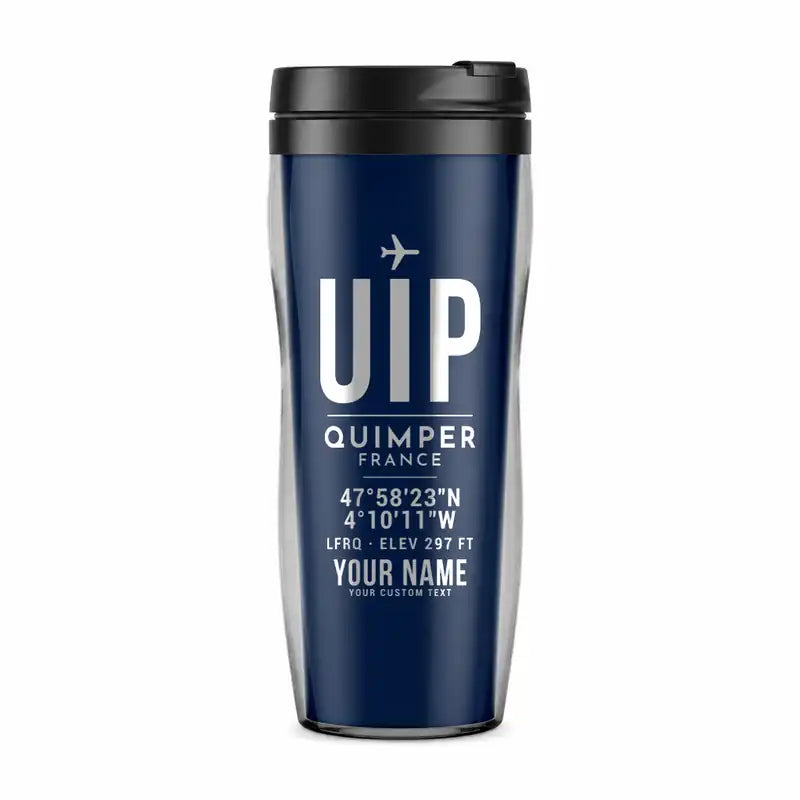 Quimper–Cornouaille Airport (UIP) Travel Mugs - ID Tag + Name - Plastic (No Holder) - Dark Blue