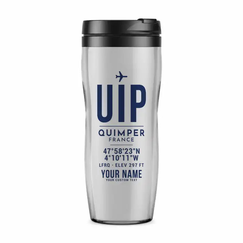 Quimper–Cornouaille Airport (UIP) Travel Mugs - ID Tag + Name - Plastic (No Holder) - Light Gray