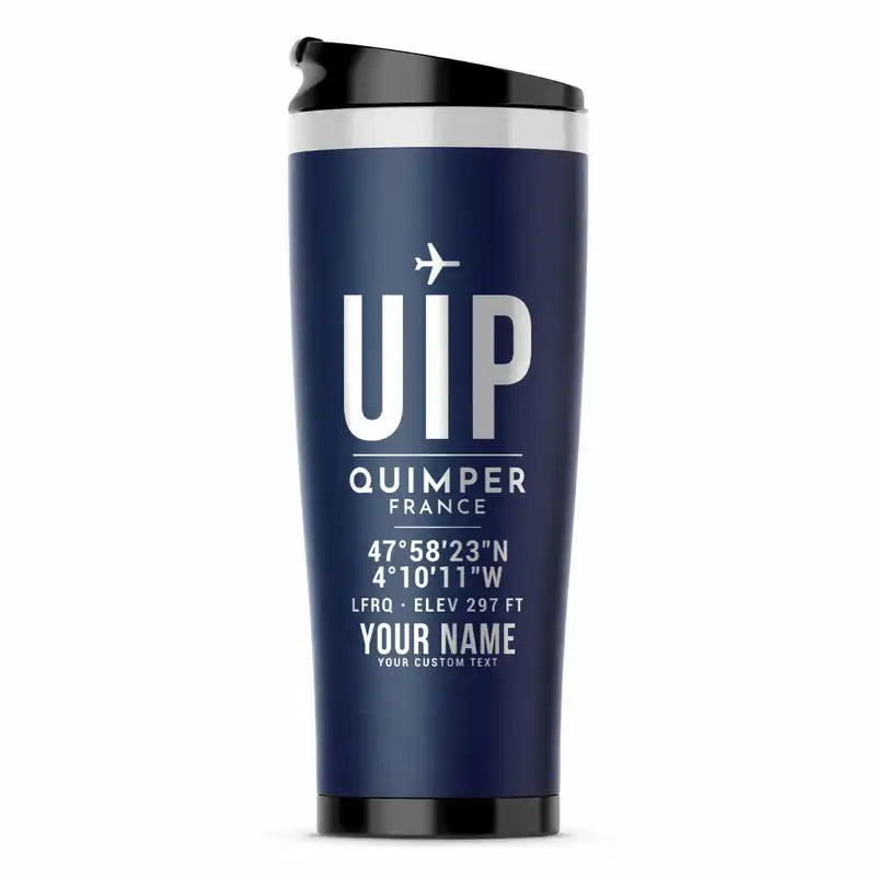 Quimper–Cornouaille Airport (UIP) Travel Mugs - ID Tag + Name - Stainless Steel (No Holder) - Dark Blue
