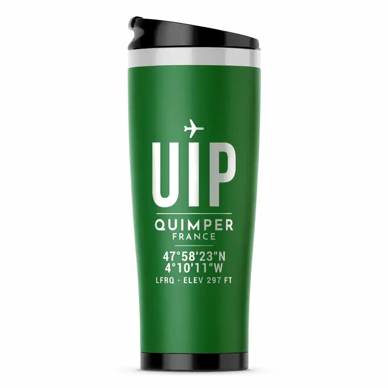 Quimper–Cornouaille Airport (UIP) Travel Mugs - ID Tag - Stainless Steel (No Holder) - Green