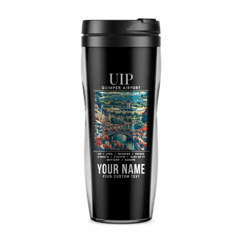 Quimper–Cornouaille Airport (UIP) Travel Mugs - Poster + Name - Plastic (No Holder) - Black