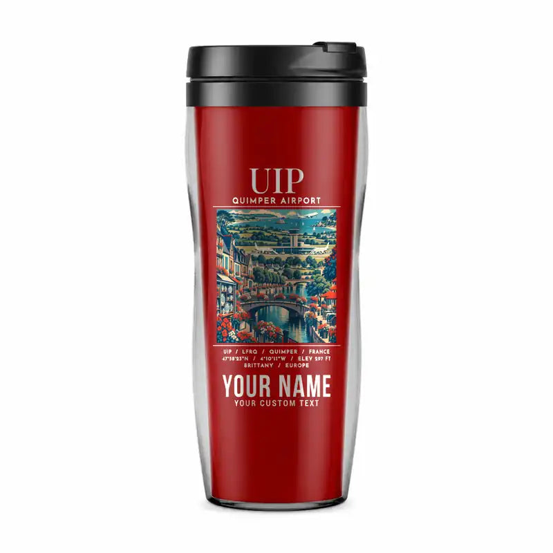 Quimper–Cornouaille Airport (UIP) Travel Mugs - Poster + Name - Plastic (No Holder) - Red