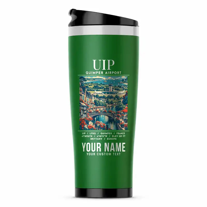 Quimper–Cornouaille Airport (UIP) Travel Mugs - Poster + Name - Stainless Steel (No Holder) - Green