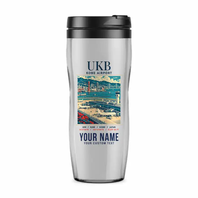 Kobe Airport (UKB) Travel Mugs - Poster + Name - Plastic (No Holder) - Light Gray