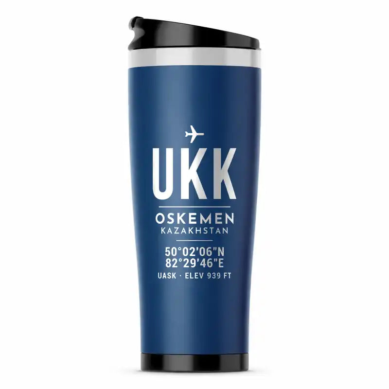 Ust-Kamenogorsk Airport (UKK) Travel Mugs - ID Tag - Stainless Steel (No Holder) - Blue