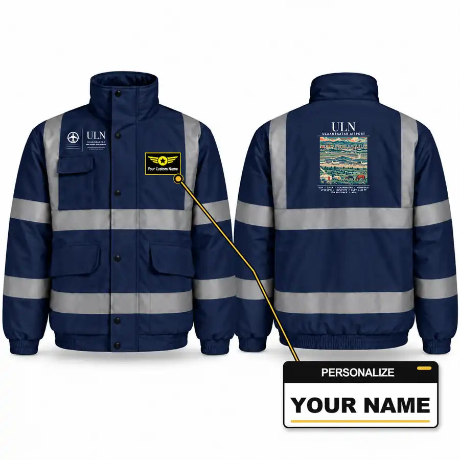 Chinggis Khaan International Airport (ULN) Reflective Winter Jackets - Poster + Name - Navy Blue
