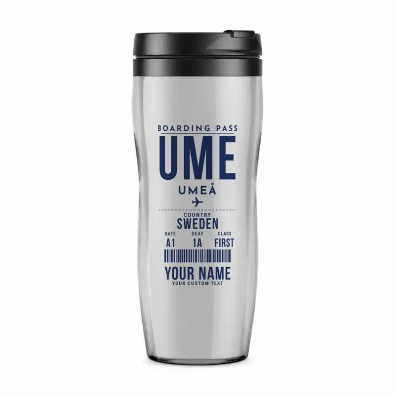 Umeå Airport (UME) Travel Mugs - Boarding Pass + Name - Plastic (No Holder) - Light Gray