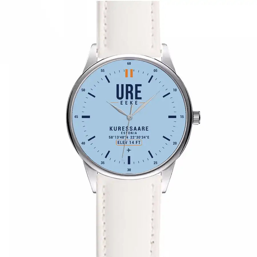 Kuressaare Airport (URE) Aviator Watches - Classic - Light Blue - Leather Strap - White Leather Strap