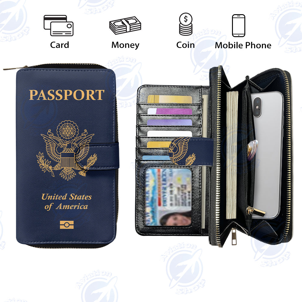 USA Passport Designed Leather Long Zipper Wallets