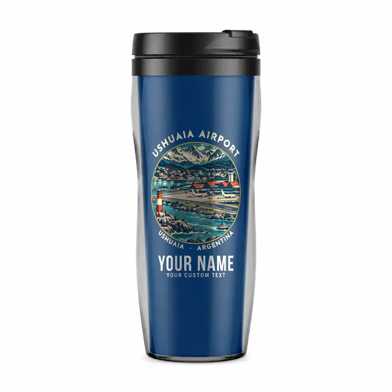 Malvinas Argentinas International Airport (USH) Travel Mugs - Badge + Name - Plastic (No Holder) - Blue