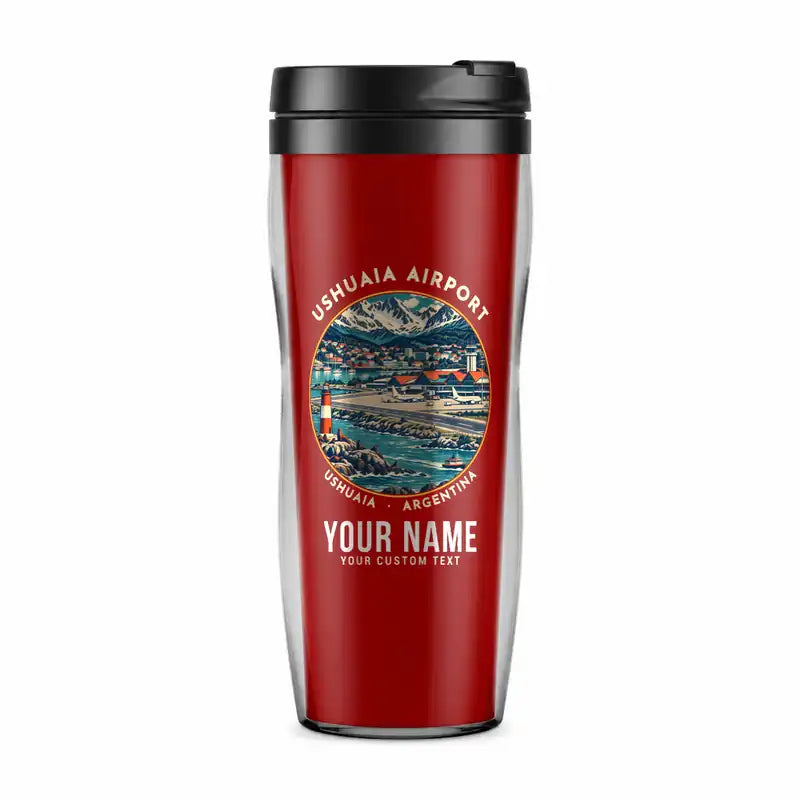 Malvinas Argentinas International Airport (USH) Travel Mugs - Badge + Name - Plastic (No Holder) - Red