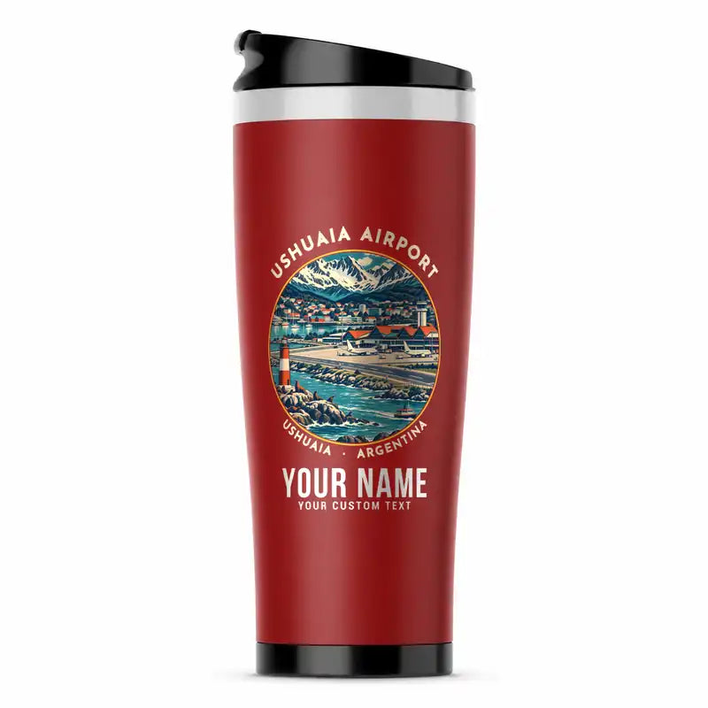 Malvinas Argentinas International Airport (USH) Travel Mugs - Badge + Name - Stainless Steel (No Holder) - Red
