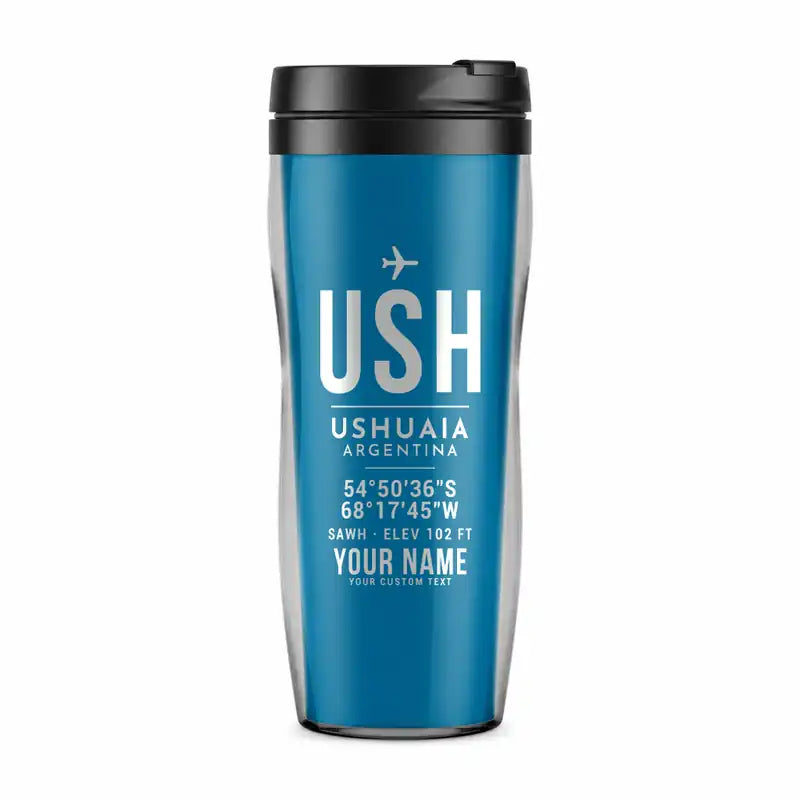 Malvinas Argentinas International Airport (USH) Travel Mugs - ID Tag + Name - Plastic (No Holder) - Light Blue