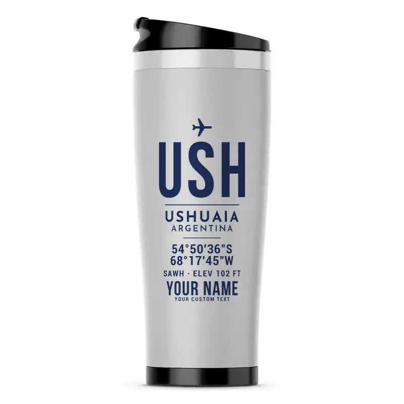 Malvinas Argentinas International Airport (USH) Travel Mugs - ID Tag + Name - Stainless Steel (No Holder) - Light Gray