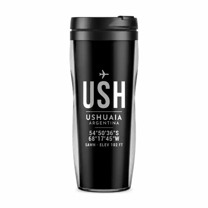 Malvinas Argentinas International Airport (USH) Travel Mugs - ID Tag - Plastic (No Holder) - Black