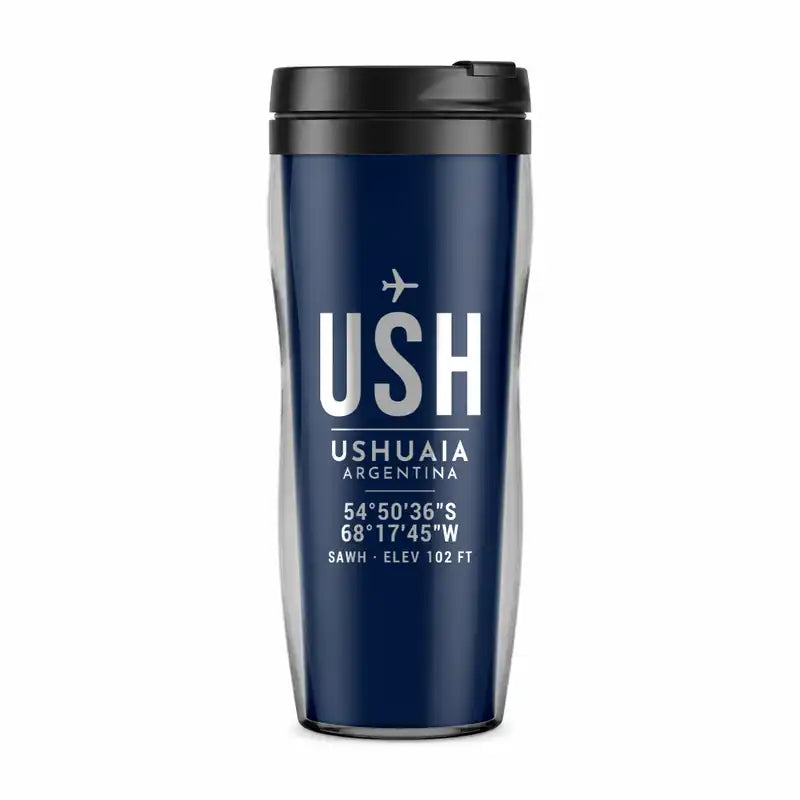Malvinas Argentinas International Airport (USH) Travel Mugs - ID Tag - Plastic (No Holder) - Dark Blue