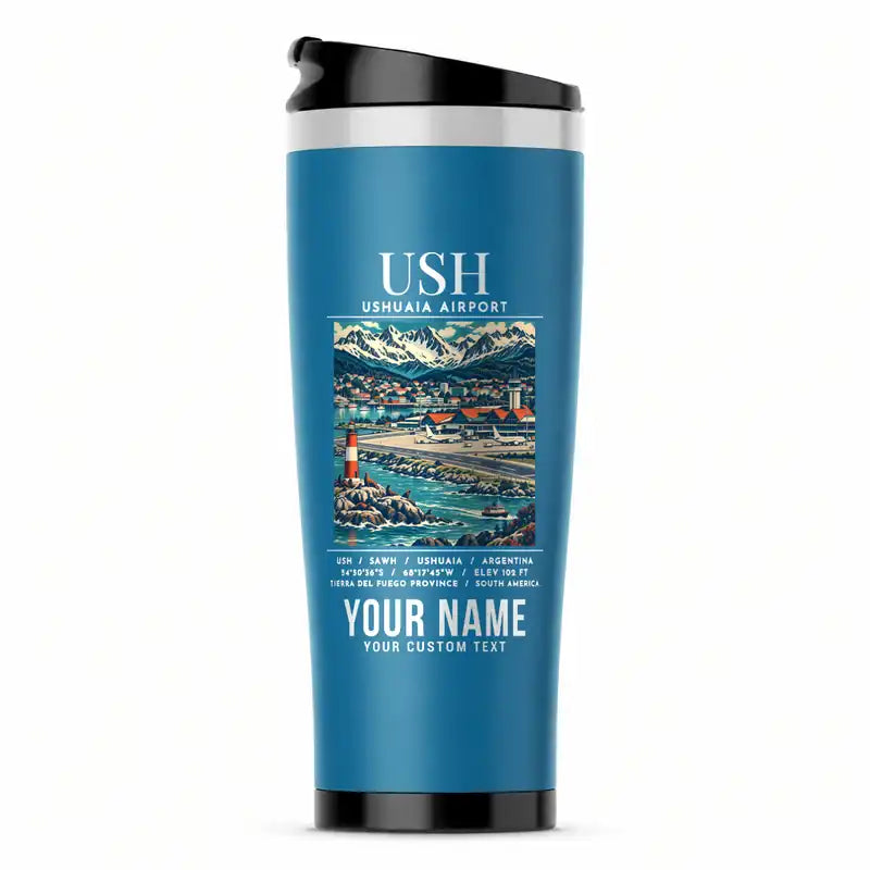 Malvinas Argentinas International Airport (USH) Travel Mugs - Poster + Name - Stainless Steel (No Holder) - Light Blue