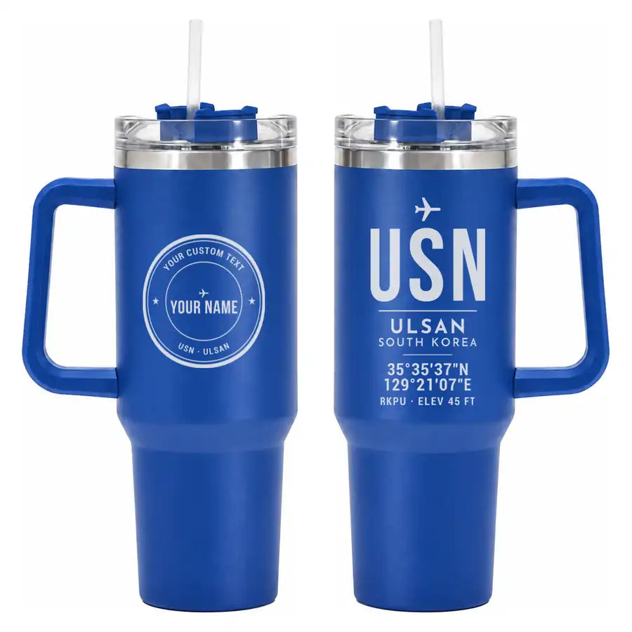 Ulsan Airport (USN) Stainless Steel Mugs - ID Tag + Custom Back - 40oz Car Mug - Blue