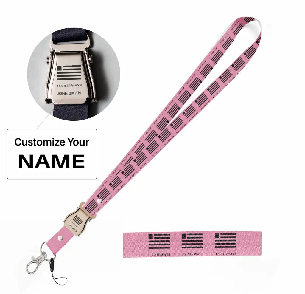 US Airways seat belt lanyard - pink with name