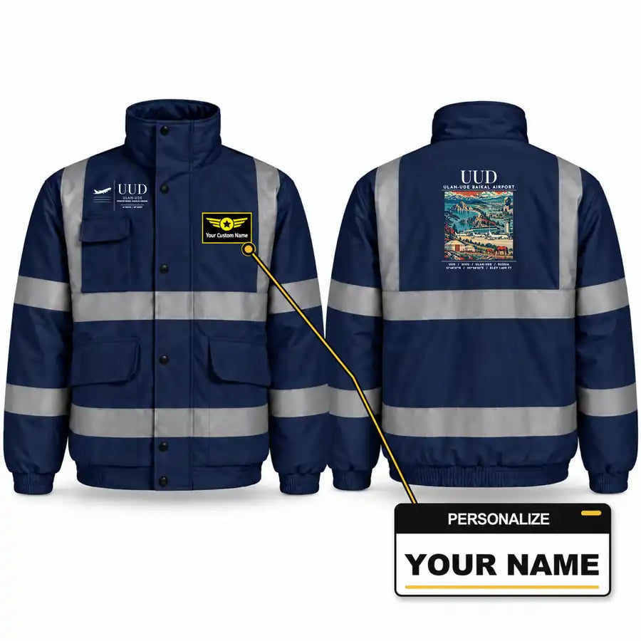 Ulan-Ude Baikal International Airport (UUD) Reflective Winter Jackets - Poster + Name - Navy Blue