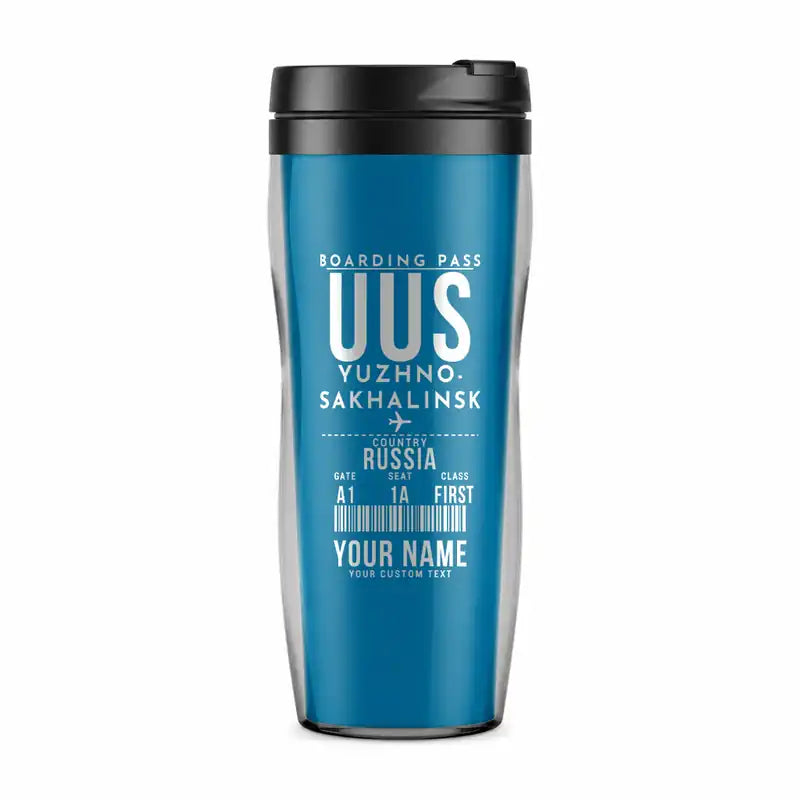 Yuzhno-Sakhalinsk International Airport (UUS) Travel Mugs - Boarding Pass + Name - Plastic (No Holder) - Light Blue