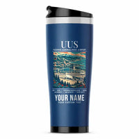 Thumbnail for Yuzhno-Sakhalinsk International Airport (UUS) Travel Mugs - Poster + Name - Stainless Steel (No Holder) - Blue