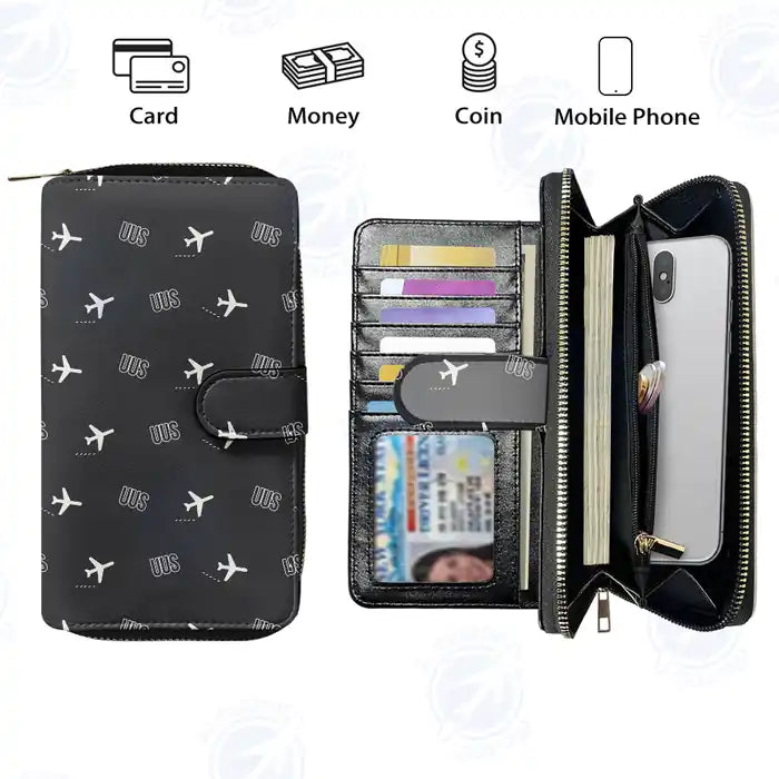 Yuzhno-Sakhalinsk International Airport (UUS) Leather Wallets - Zip Long Wallet - Pattern - Black