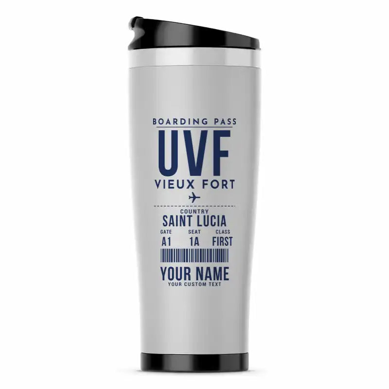 Hewanorra International Airport (UVF) Travel Mugs - Boarding Pass + Name - Stainless Steel (No Holder) - Light Gray