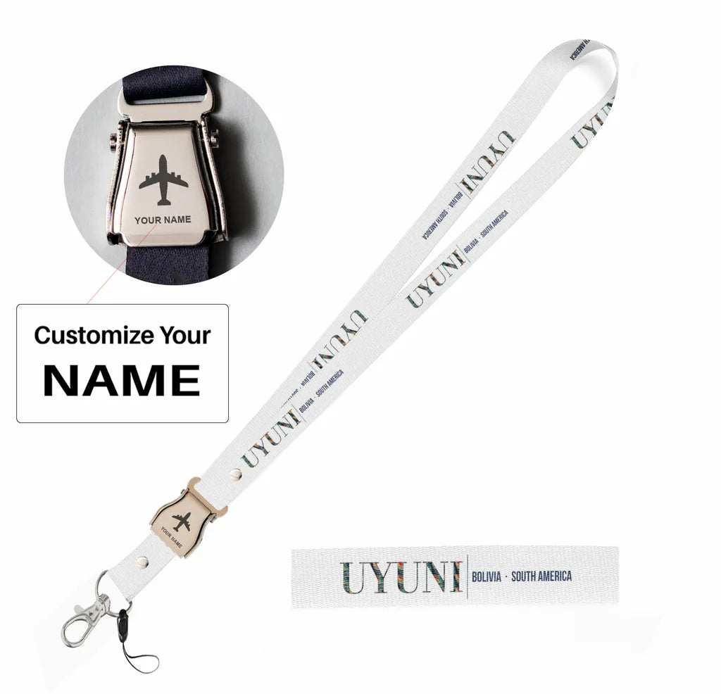 Uyuni City Series seat belt lanyard - white with name
