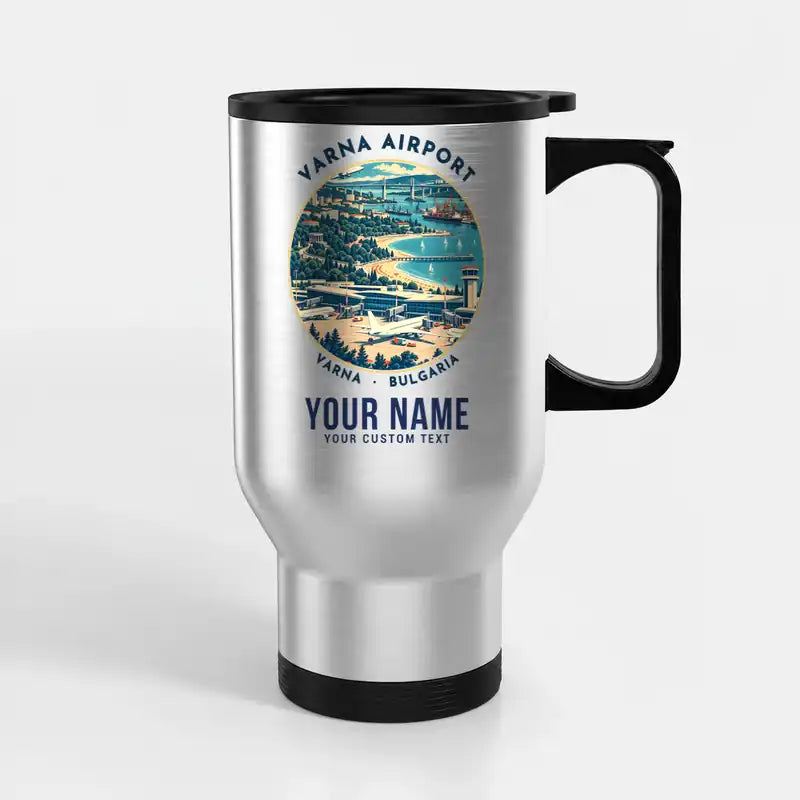 Varna Airport (VAR) Travel Mugs - Badge + Name - Stainless Steel with Holder - Silver
