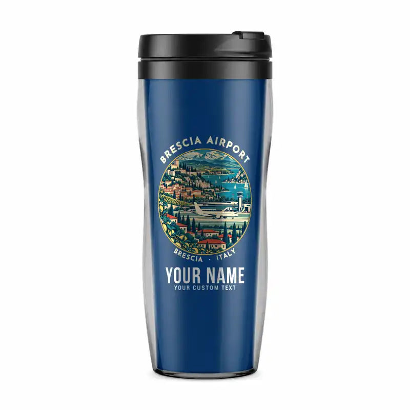 Brescia Airport (VBS) Travel Mugs - Badge + Name - Plastic (No Holder) - Blue