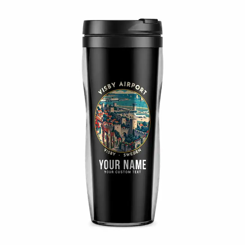 Visby Airport (VBY) Travel Mugs - Badge + Name - Plastic (No Holder) - Black