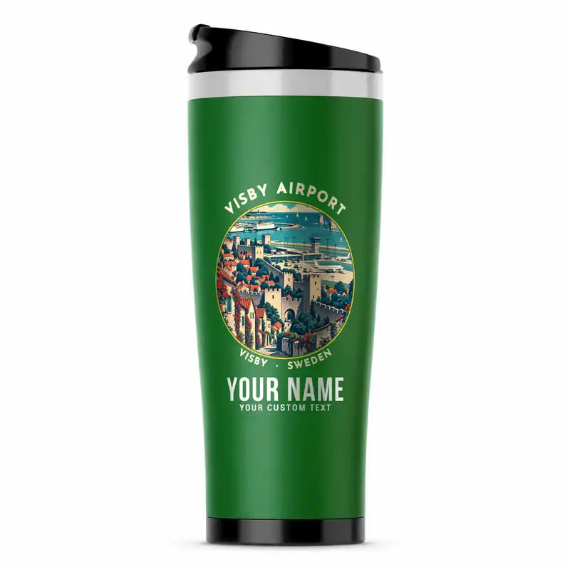 Visby Airport (VBY) Travel Mugs - Badge + Name - Stainless Steel (No Holder) - Green