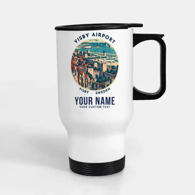 Visby Airport (VBY) Travel Mugs - Badge + Name - Stainless Steel with Holder - White