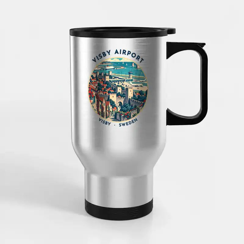 Visby Airport (VBY) Travel Mugs - Badge - Stainless Steel with Holder - Silver