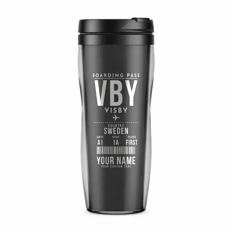 Visby Airport (VBY) Travel Mugs - Boarding Pass + Name - Plastic (No Holder) - Gray