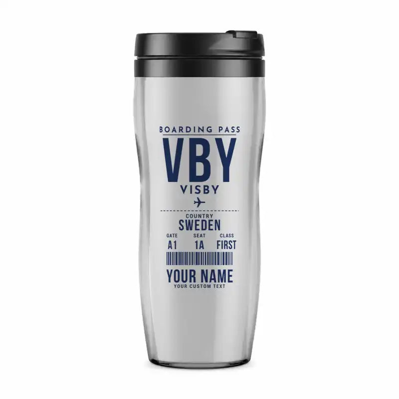Visby Airport (VBY) Travel Mugs - Boarding Pass + Name - Plastic (No Holder) - Light Gray